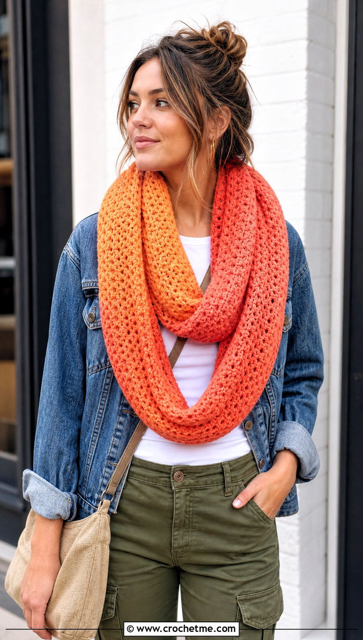 Ombre Crochet Infinity Scarf With Denim Jacket And Cargo Pants - 15 Oversized Crochet Infinity Scarf outfit ideas