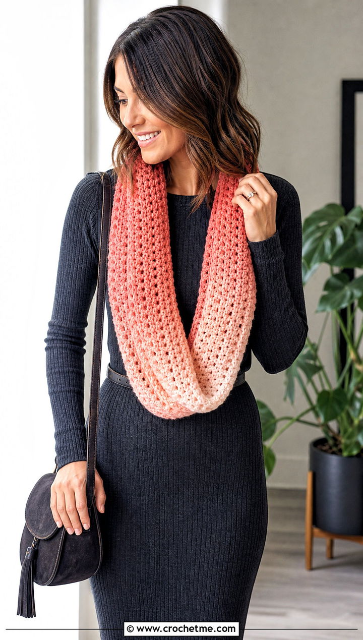 Ombre Crochet Infinity Scarf With Knit Dress - 25 infinite crochet scarf outfit ideas