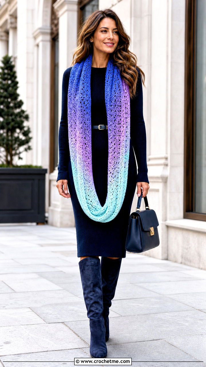 Ombre Crochet Infinity Scarf With Knit Dress - 35 crochet infinity scarf outfit ideas