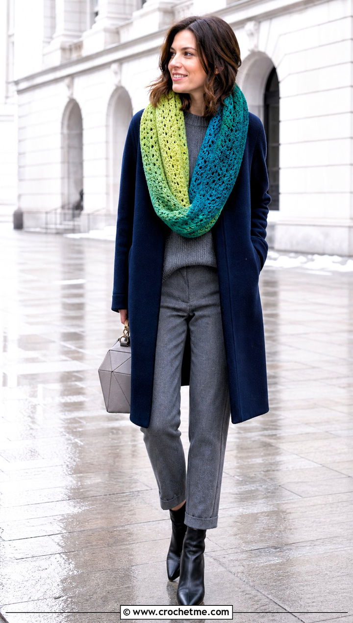 Ombre Crochet Infinity Scarf With Minimalist Coat - 30 crochet infinity scarves outfit ideas