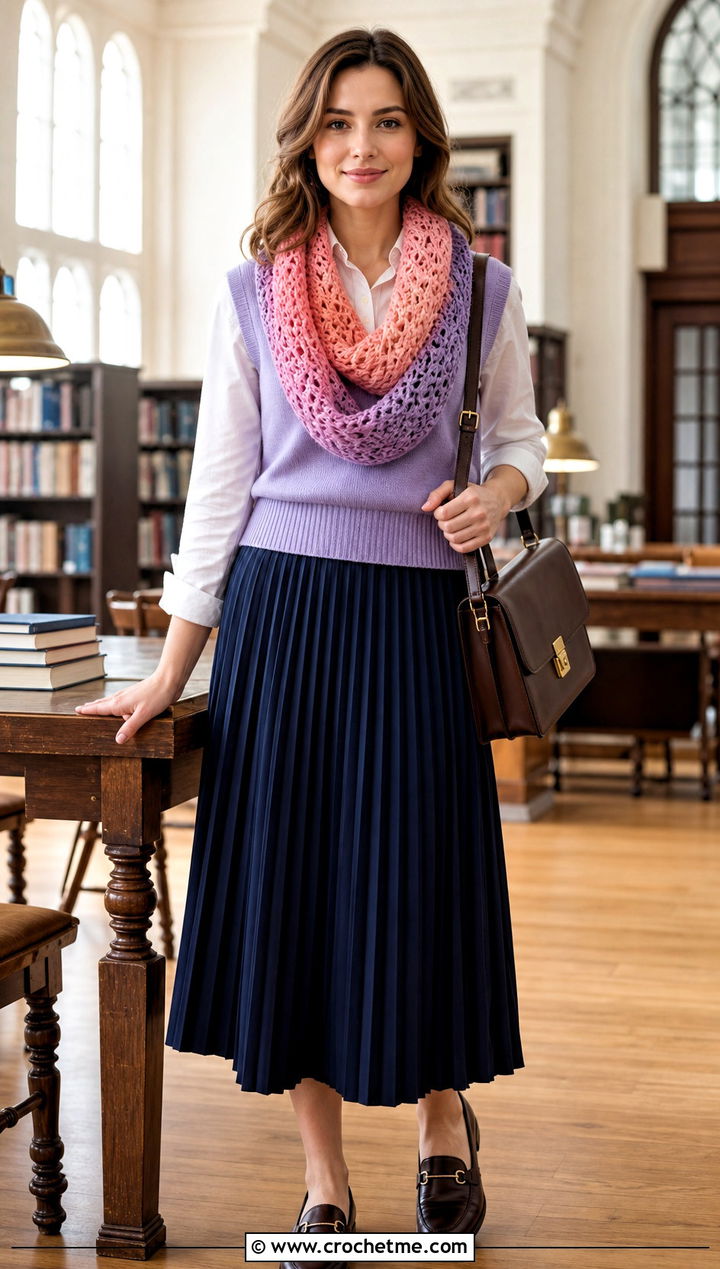 Ombre Crochet Infinity Scarf With Sweater Vest - 15 Crochet Infinity Scarf On Hanger outfit ideas