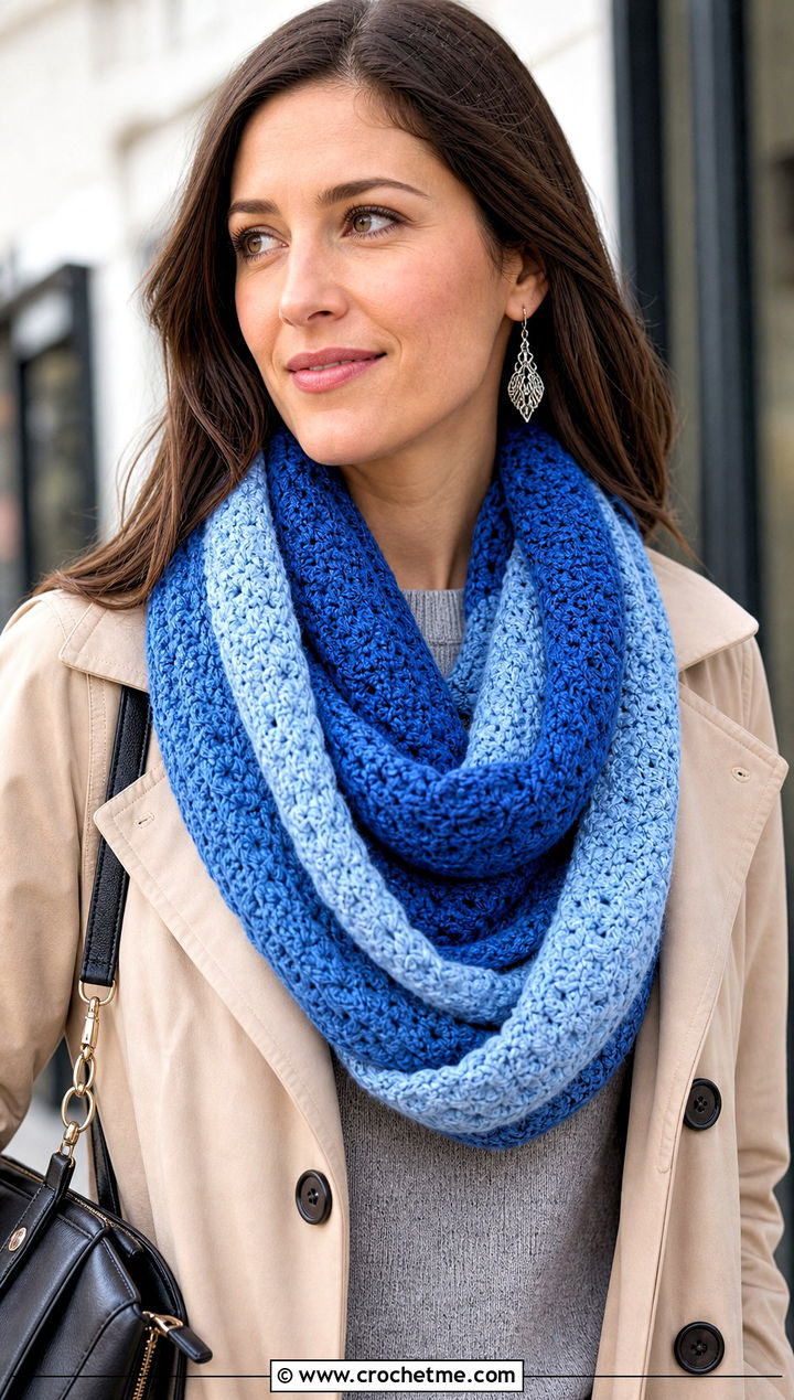 Ombre Crochet Infinity Scarf With Trench Coat - 25 Ombre Crochet Scarf outfit ideas