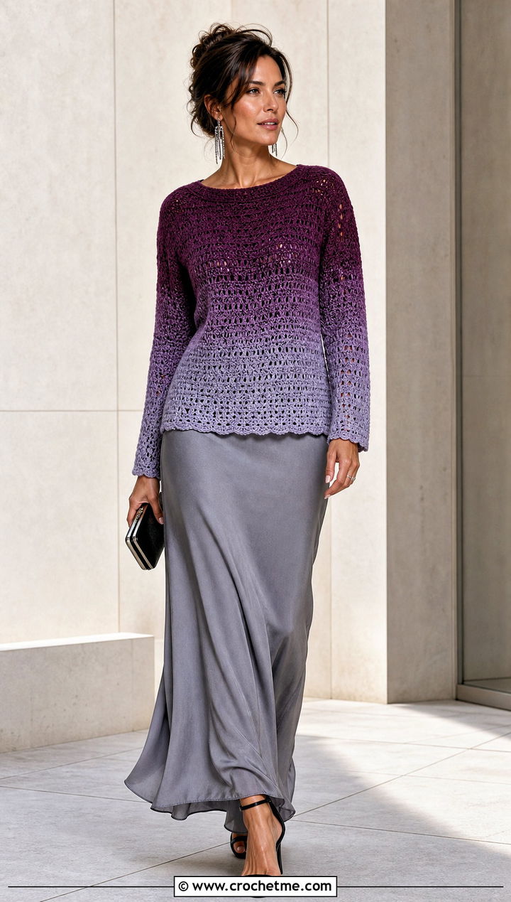 Ombre Crochet Jumper With Bias Cut Maxi Skirt - 35 easy crochet jumper outfit ideas