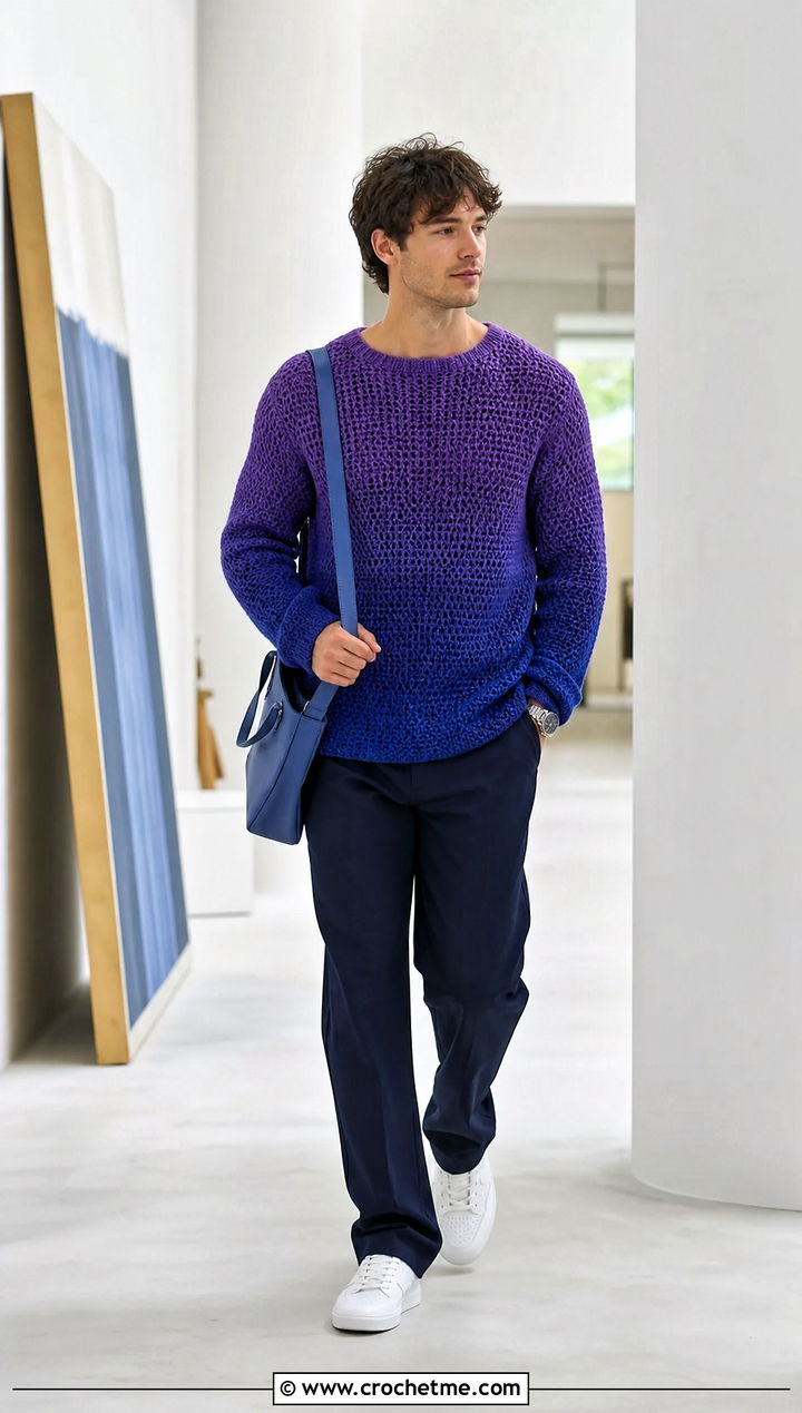 Ombre Crochet Jumper With Tonal Pants - 35 men crochet jumper outfit ideas