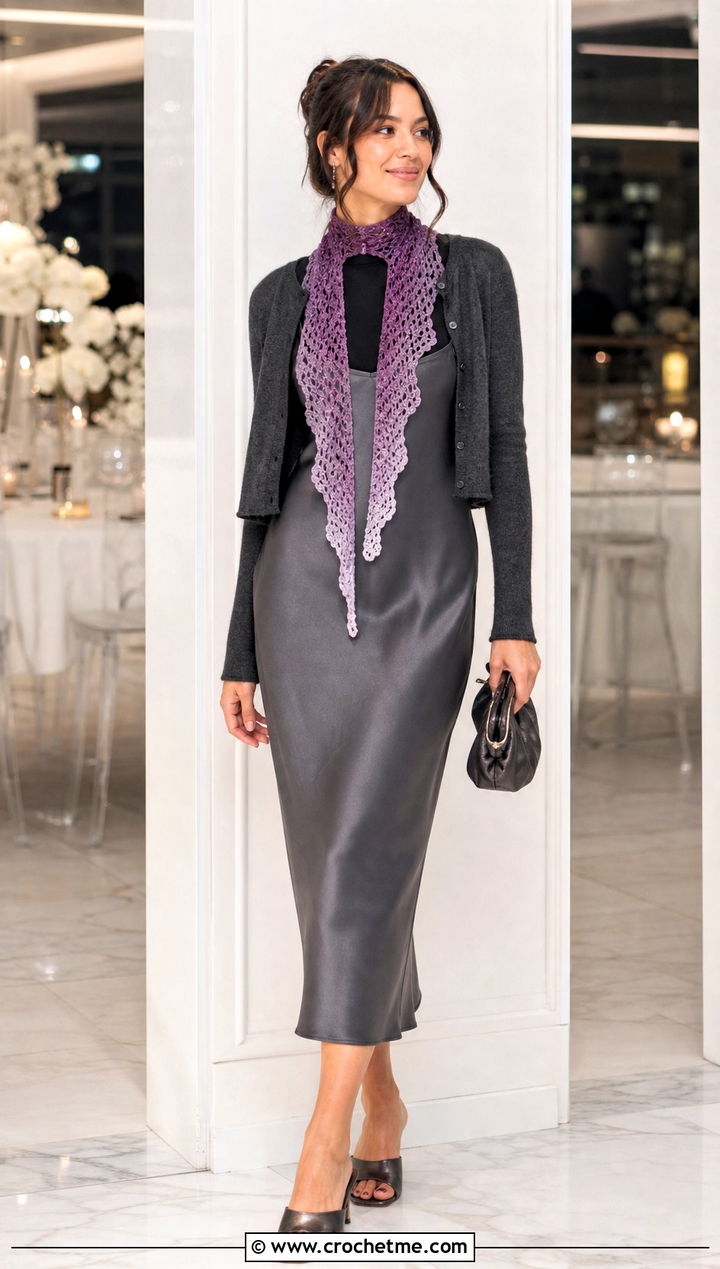 Ombre Crochet Keyhole Scarf With Slip Dress - 35 crochet keyhole scarf outfit ideas