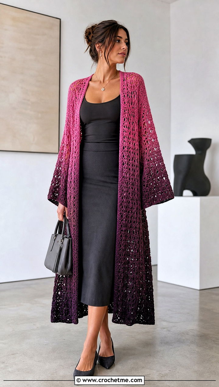 Ombre Crochet Kimono Cardigan With Monochrome Tank And Skirt - 35 crochet kimono cardigan outfit ideas
