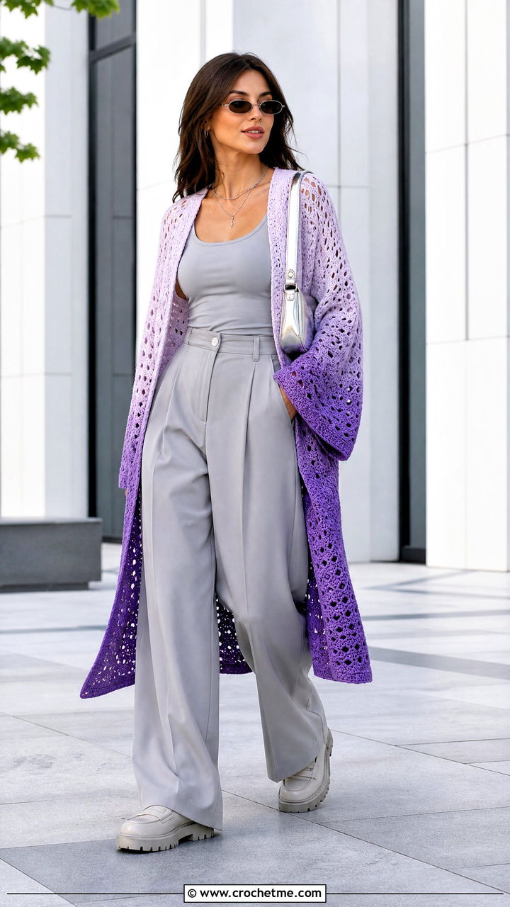 Ombre Crochet Kimono With Monochrome Outfit - 35 crochet kimono outfit ideas
