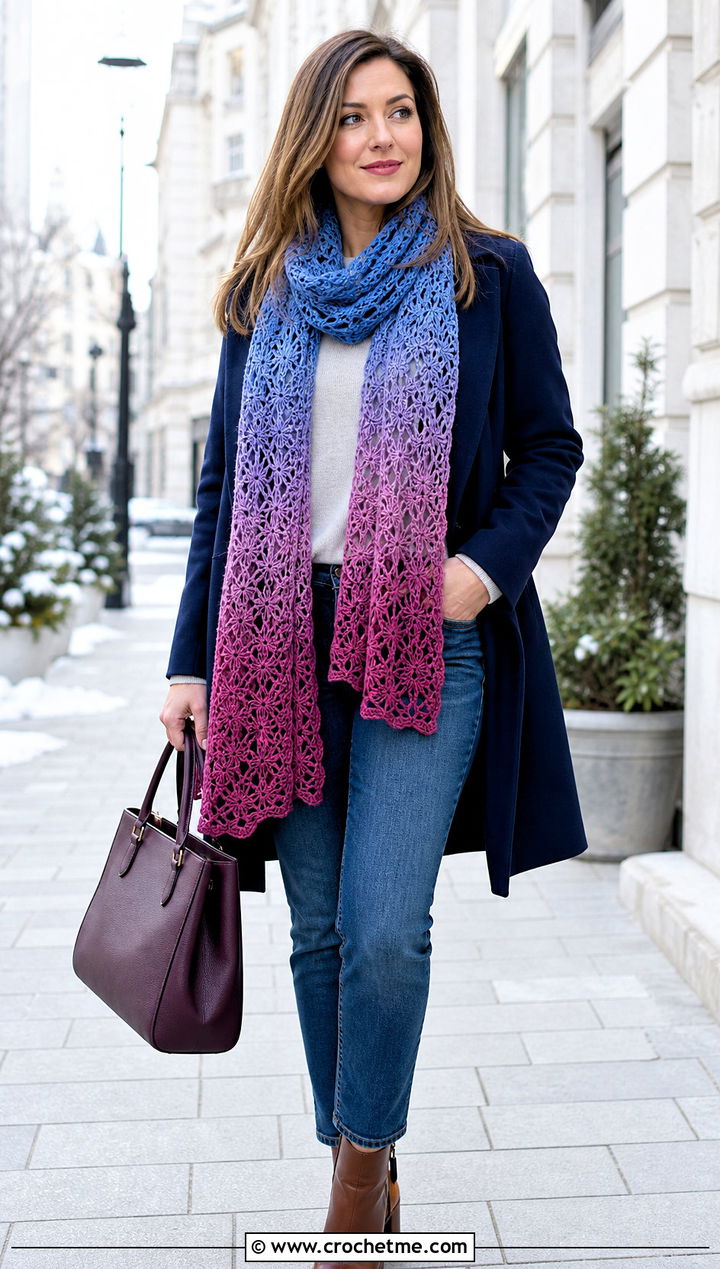 Ombre Crochet Lace Scarf With Coat And Straight Jeans - 30 easy crochet lace scarf outfit ideas