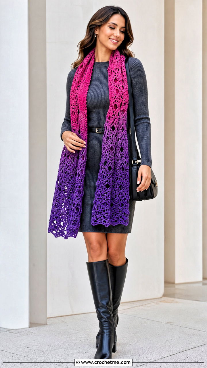 Ombre Crochet Lace Scarf With Sweater Dress And Knee High Boots - 35 crochet lace scarf outfit ideas