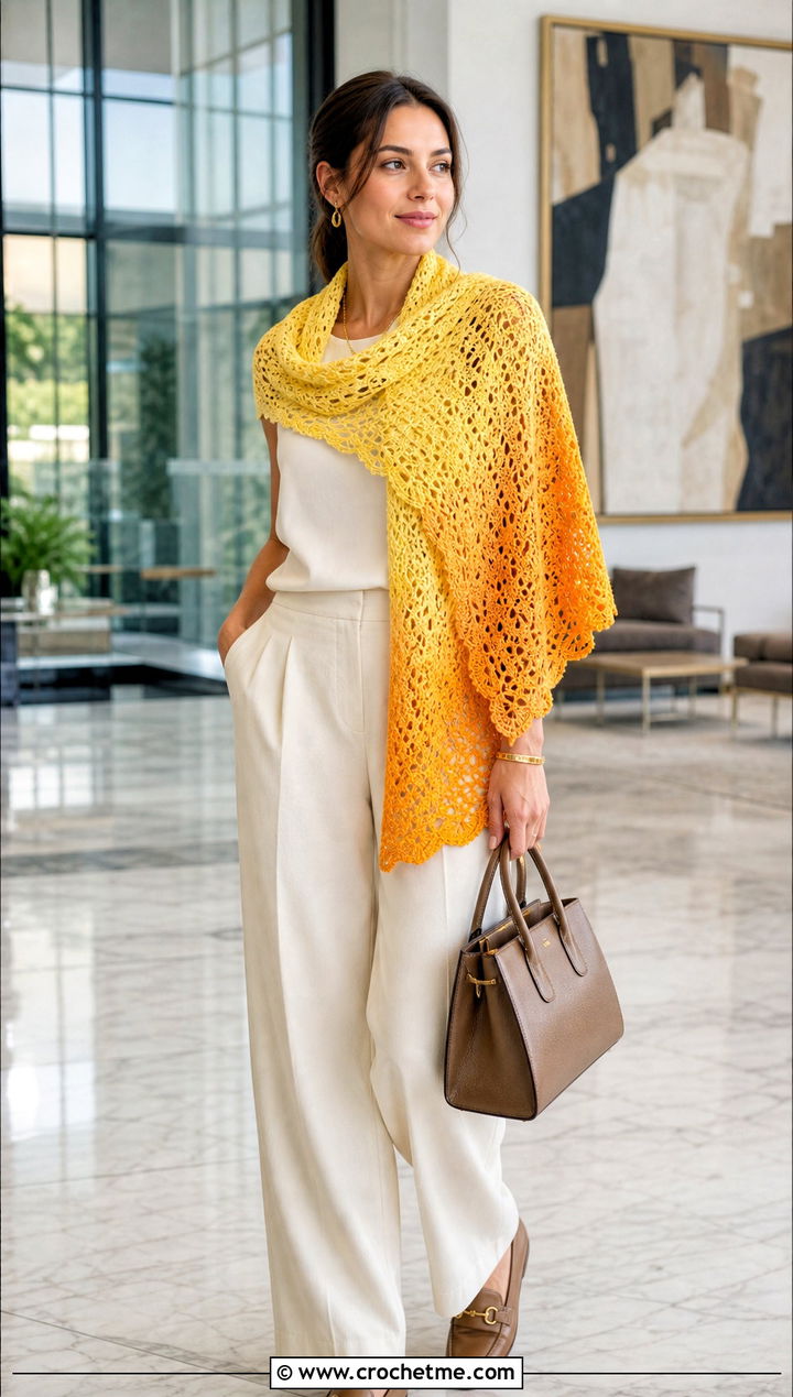 Ombre Crochet Lace Shawl With A Monochrome Outfit - 30 easy crochet lace shawl outfit ideas
