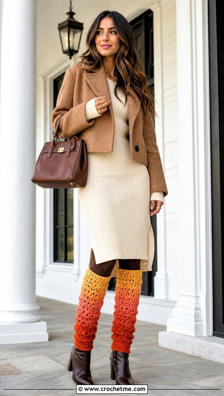Ombre Crochet Leg Warmers With Knit Midi Dress - 30 crochet leg warmers ideas