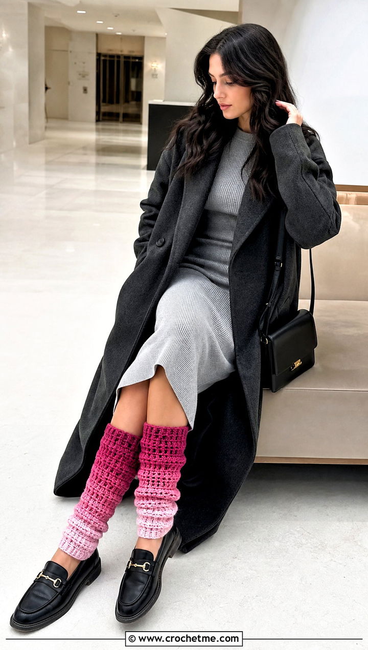 Ombre Crochet Leg Warmers With Monochrome Knit Dress - 30 cute crochet leg warmers outfit ideas