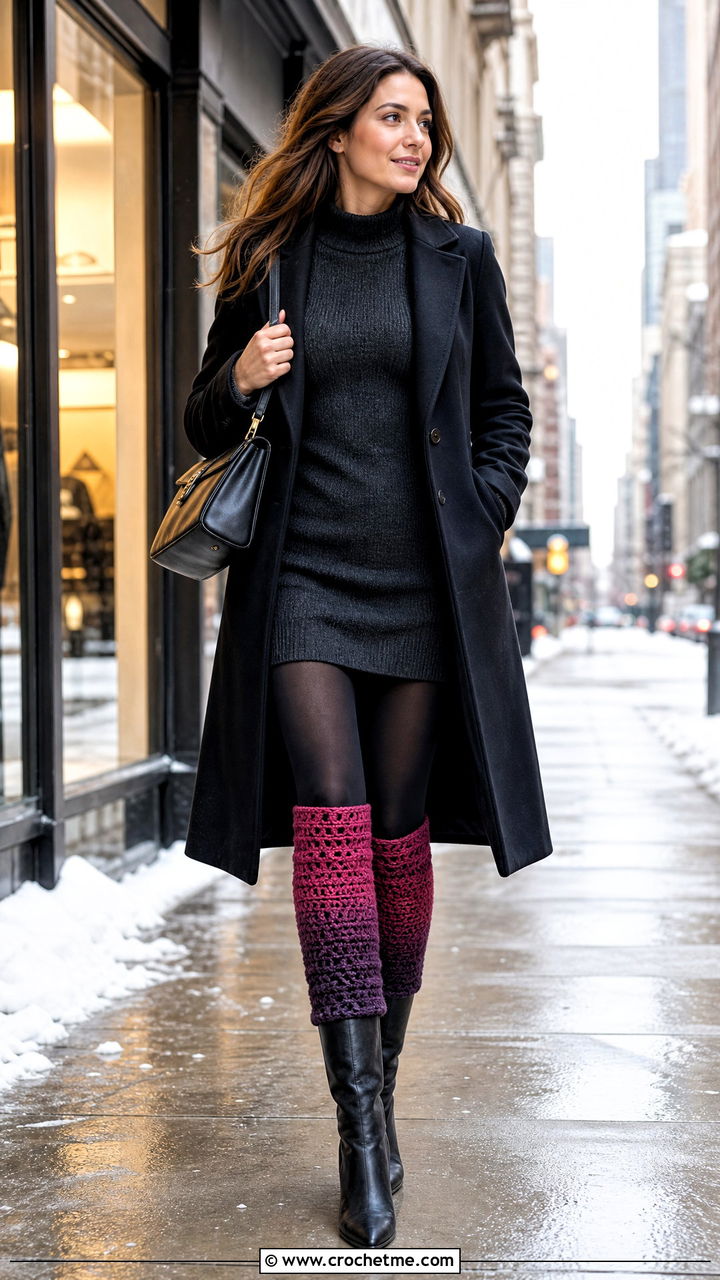 Ombre Crochet Legwarmers With Knit Dress And Tall Boots - 35 crochet legwarmers outfit ideas