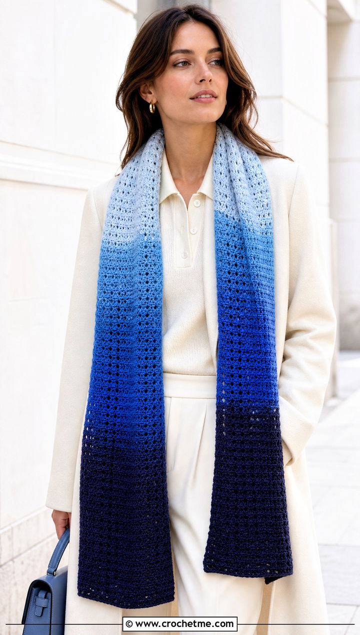 Ombre Crochet Long Scarf With Monochrome White Outfit - 25 Crochet Long Scarf outfit ideas