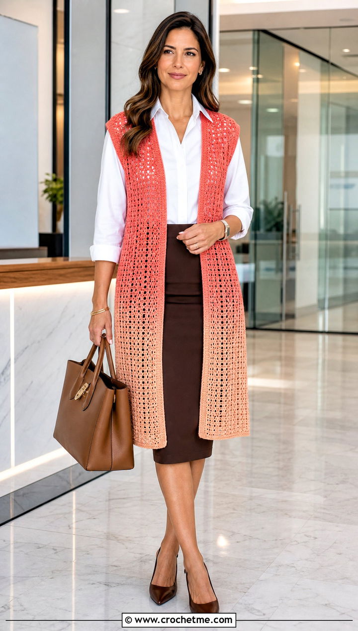 Ombre Crochet Long Vest With A Pencil Skirt - 25 Easy Crochet Long Vest outfit ideas