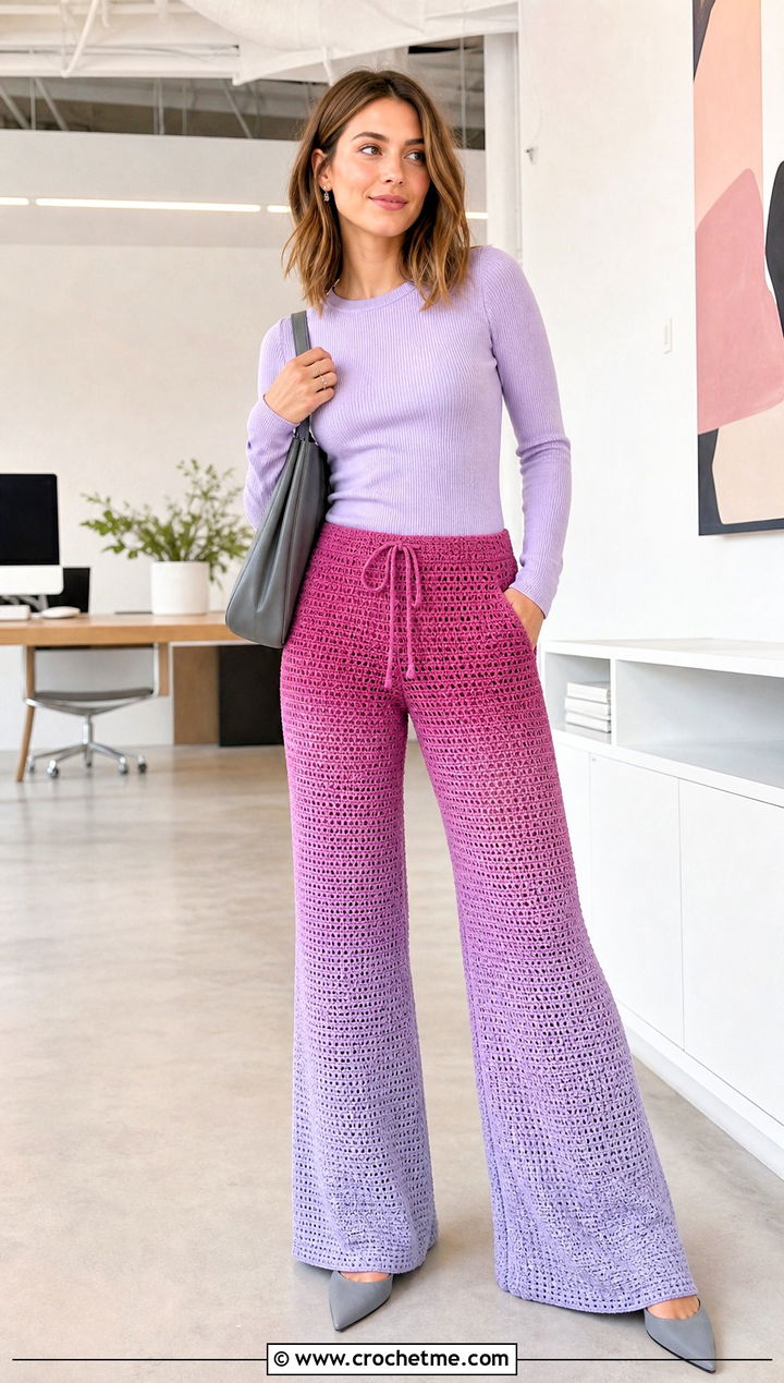 Ombre Crochet Lounge Pants With A Fine Knit Sweater - 30 crochet lounge pants outfit ideas