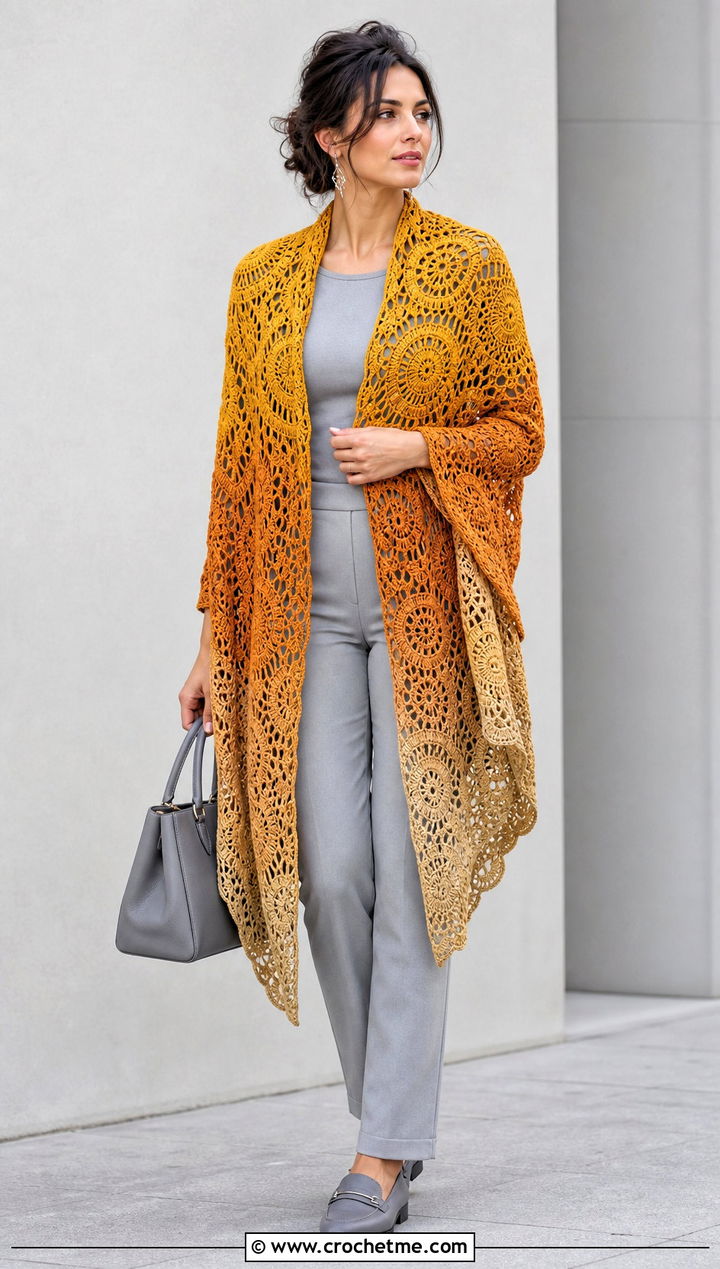 Ombre Crochet Mandala Shawl With Monochrome Outfit - 25 Crochet Mandala Shawl outfit ideas