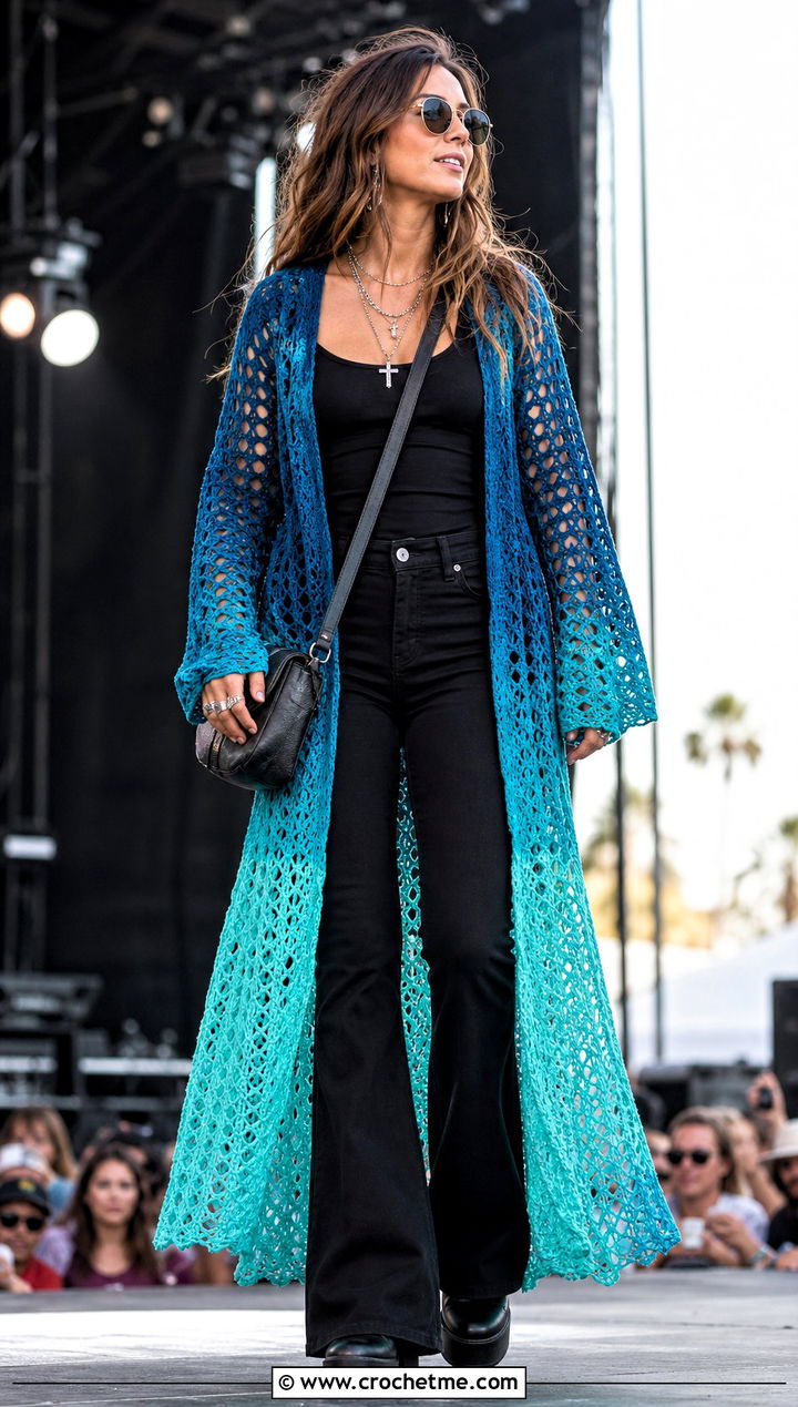 Ombre Crochet Mesh Cardigan With Black Denim - 35 crochet mesh cardigan outfit ideas