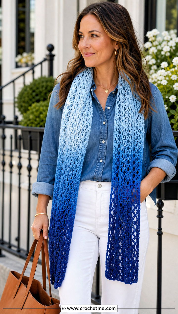 Ombre Crochet Mesh Scarf With Denim Shirt And White Pants - 25 Crochet Mesh Scarf outfit ideas