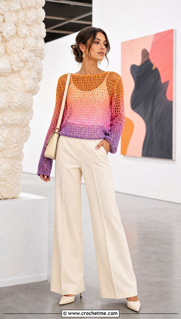 Ombre Crochet Mesh Top With Monochrome Separates - 30 long sleeve crochet mesh top outfit ideas