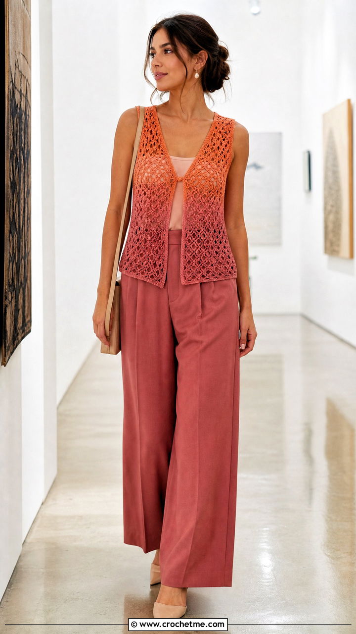 Ombre Crochet Mesh Vest With Monochrome Trousers - 35 crochet mesh vest outfit ideas