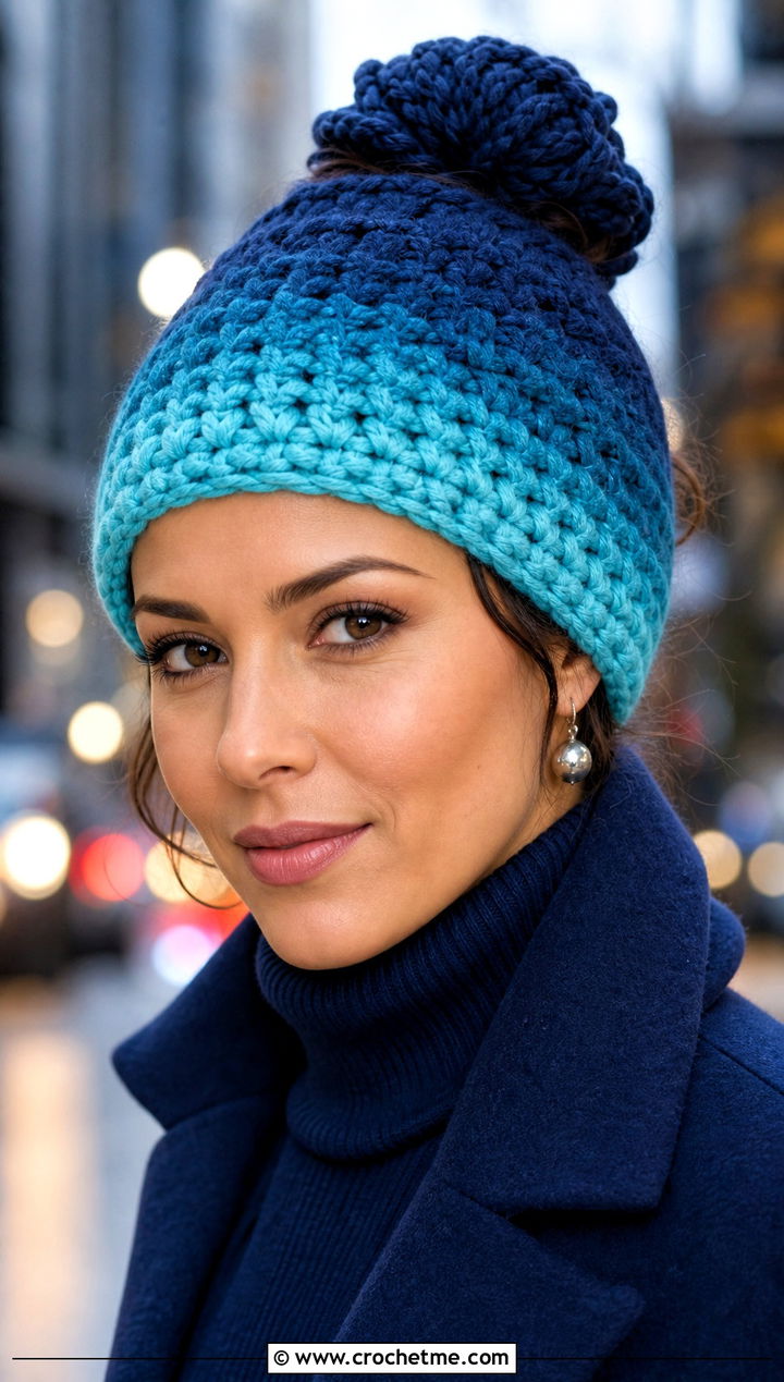 Ombre Crochet Messy Bun Hat With Monochrome Outfit - 20 Crochet Messy Bun Hat Bulky Yarn outfit ideas