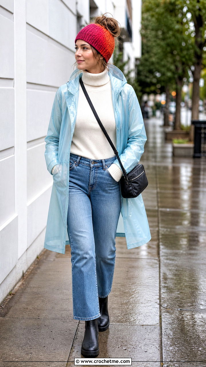 Ombre Crochet Messy Bun Hat With Raincoat - 35 crochet messy bun hat outfit ideas