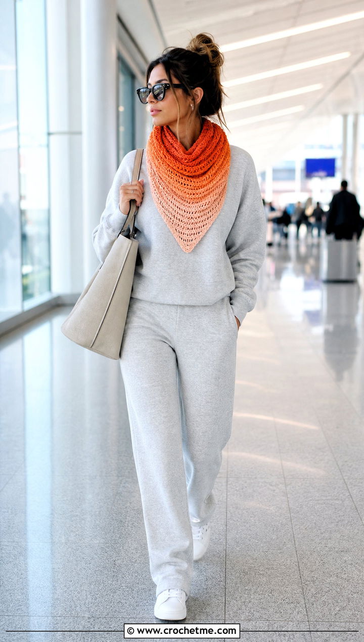 Ombre Crochet Mini Scarf With Matching Lounge Set And Sneakers - 35 crochet mini scarf outfit ideas
