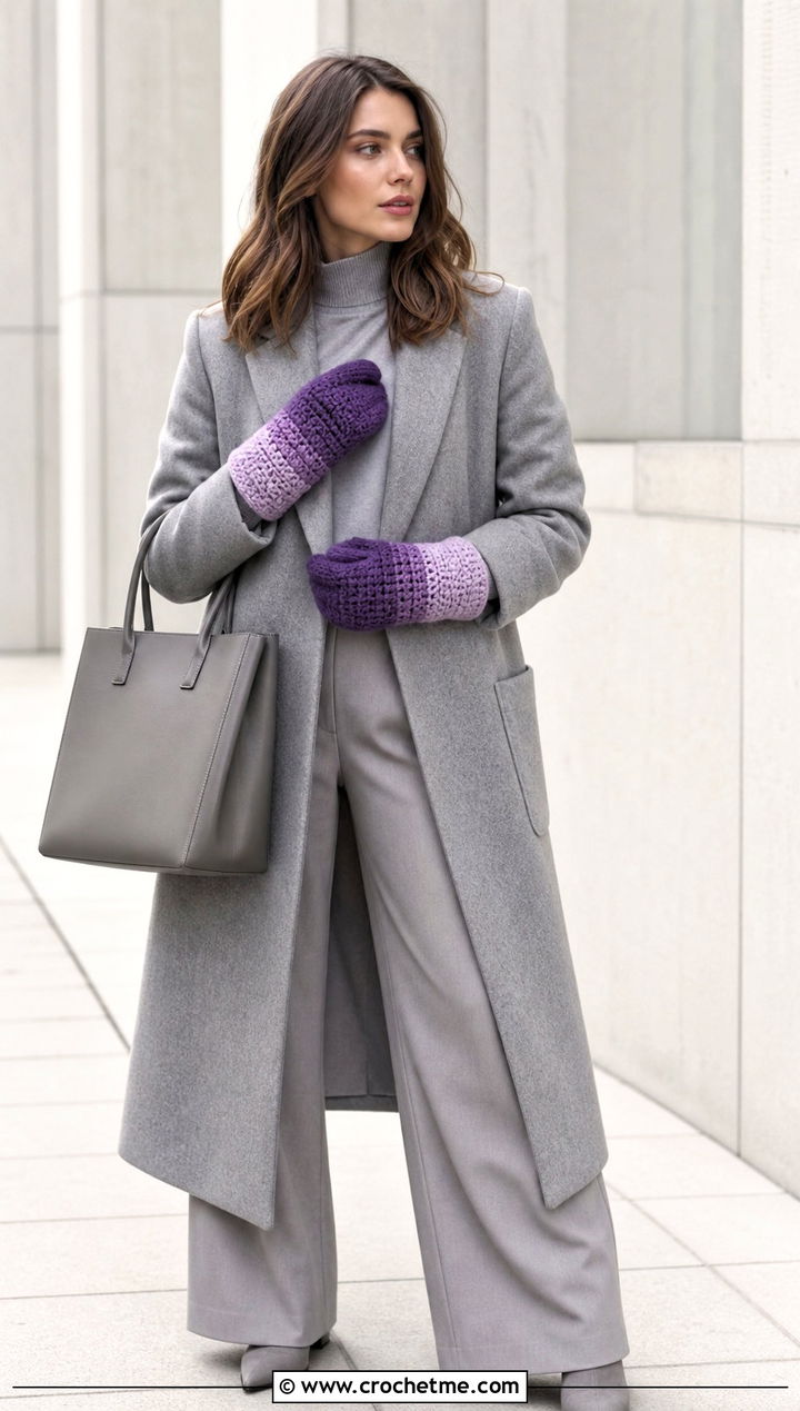 Ombre Crochet Mittens With Monochrome Coat and Trousers - 25 Simple Crochet Mittens outfit ideas