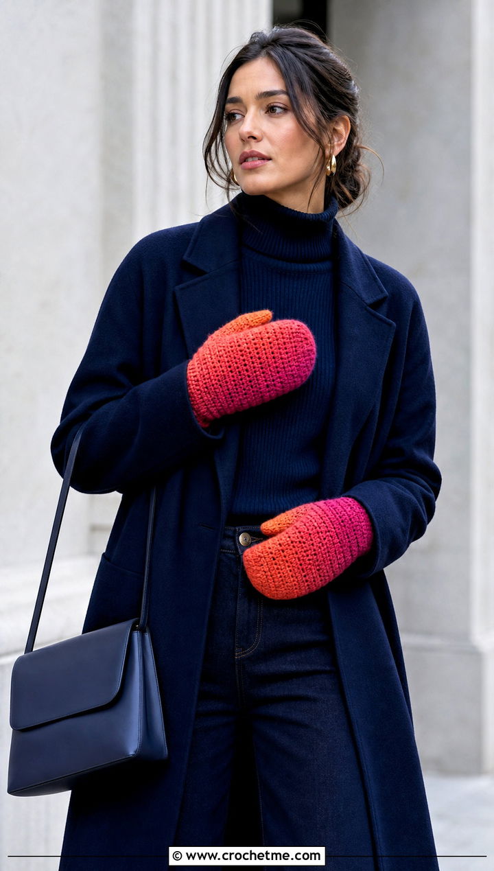 Ombre Crochet Mittens With Monochrome Outfit - 25 women crochet mittens outfit ideas