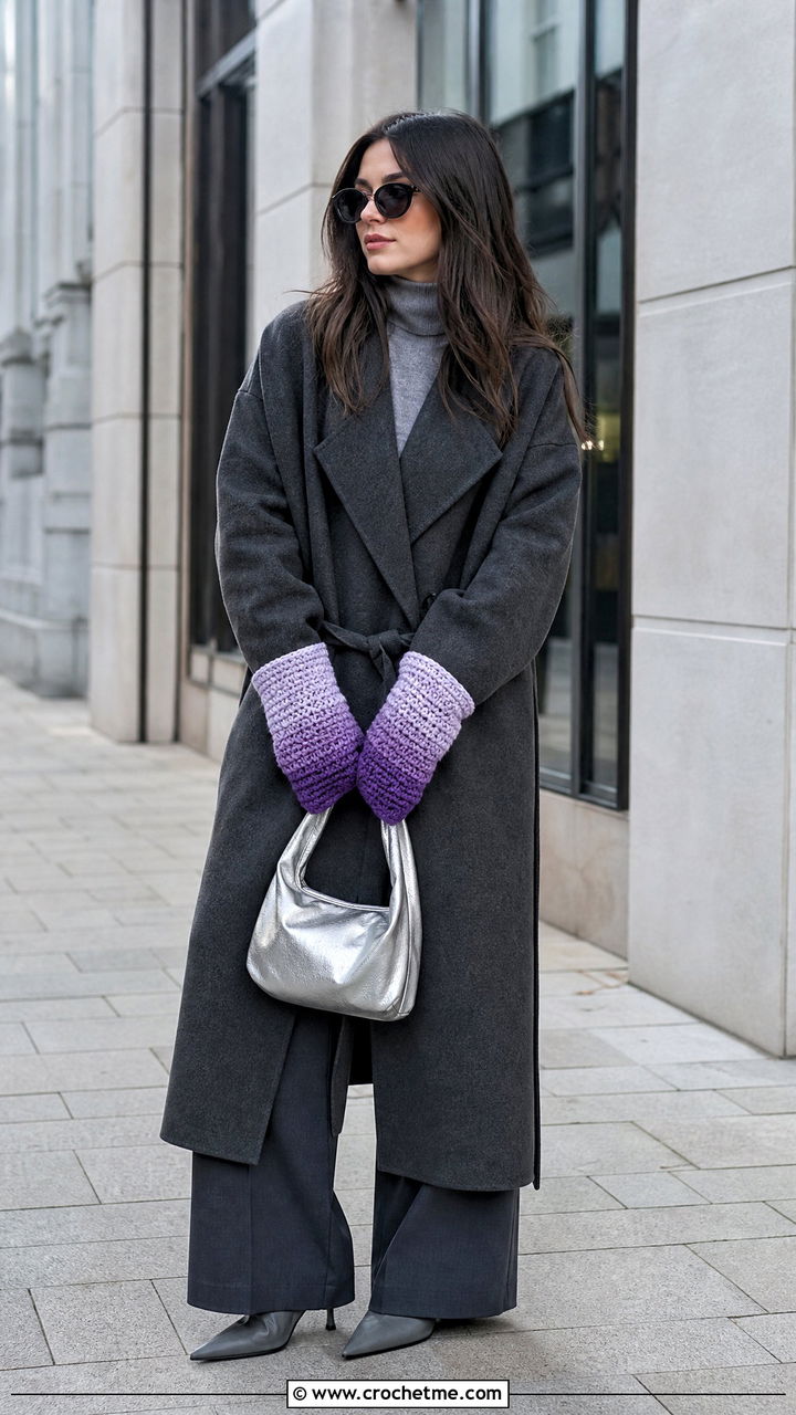Ombre Crochet Mittens With Monochrome Outfit - 35 crochet mittens outfit ideas