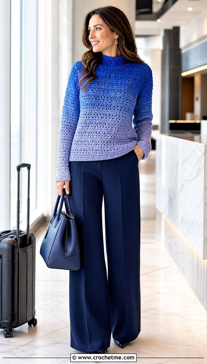 Ombre Crochet Mock Neck Sweater With Monochrome Separates - 25 Crochet Mock Neck Sweater outfit ideas