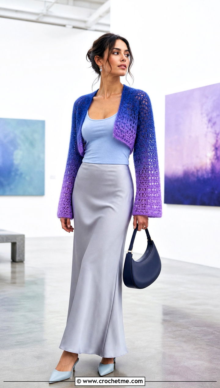 Ombre Crochet Mohair Bolero With Bias Cut Maxi Skirt - 30 crochet mohair bolero outfit ideas