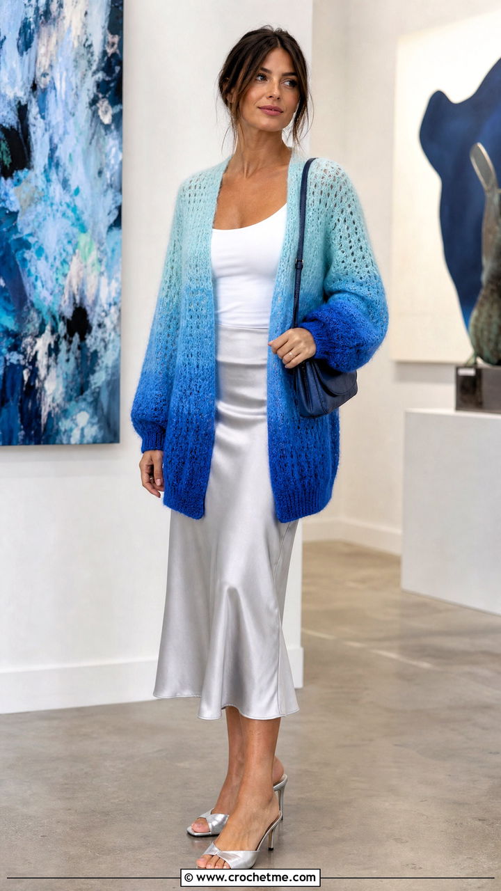 Ombre Crochet Mohair Cardigan With Slip Skirt - 35 crochet mohair cardigan outfit ideas