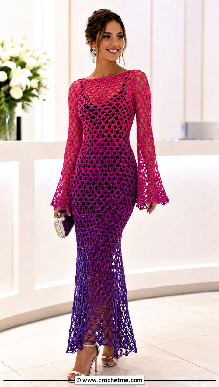 Ombre Crochet Net Dress With Metallic Heels - 25 crochet net dress outfit ideas