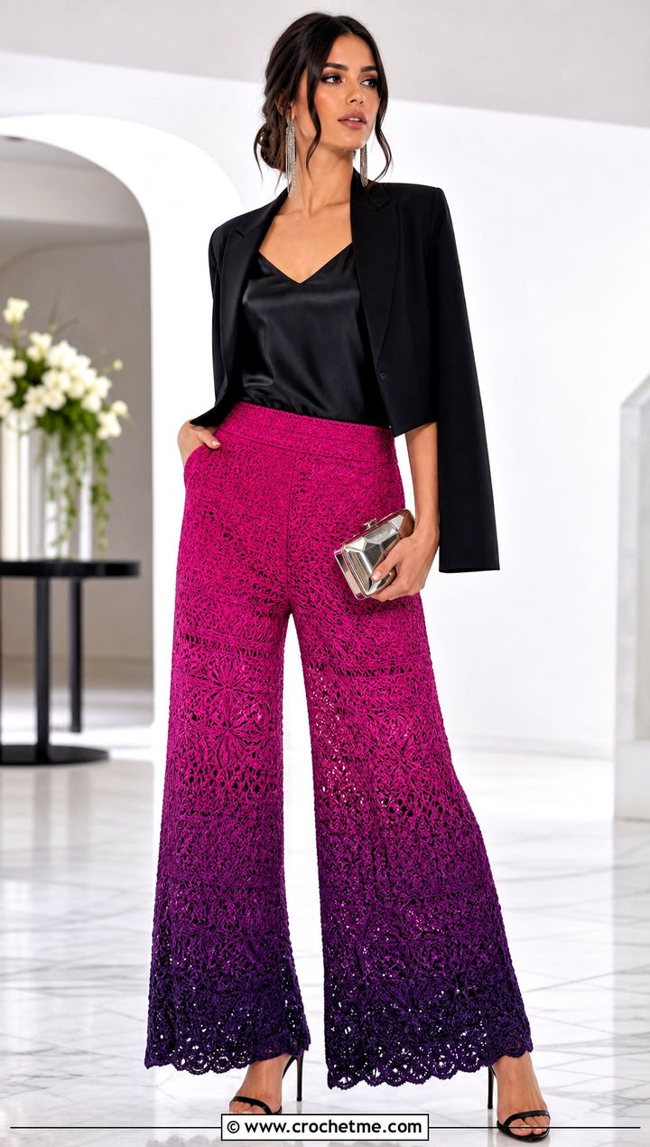 Ombre Crochet Palazzo Pants With Satin Camisole - 25 colorful crochet pants outfit ideas