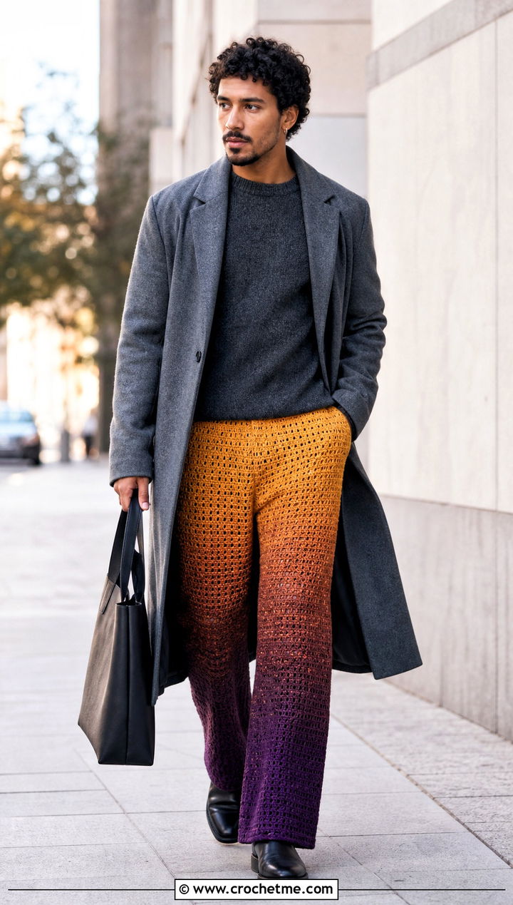 Ombre Crochet Pants With Long Topcoat - 15 crochet men pants outfit ideas