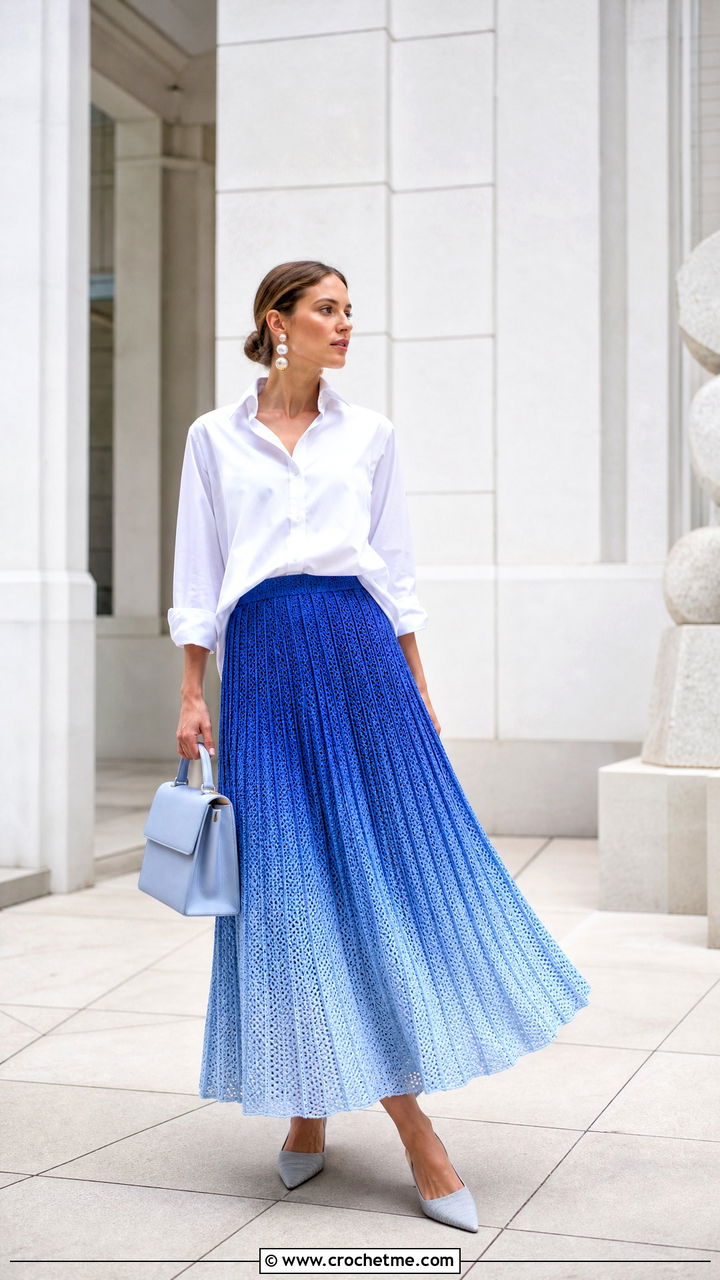 Ombre Crochet Pleated Maxi Skirt With Poplin Shirt - 35 crochet pleated skirt outfit ideas