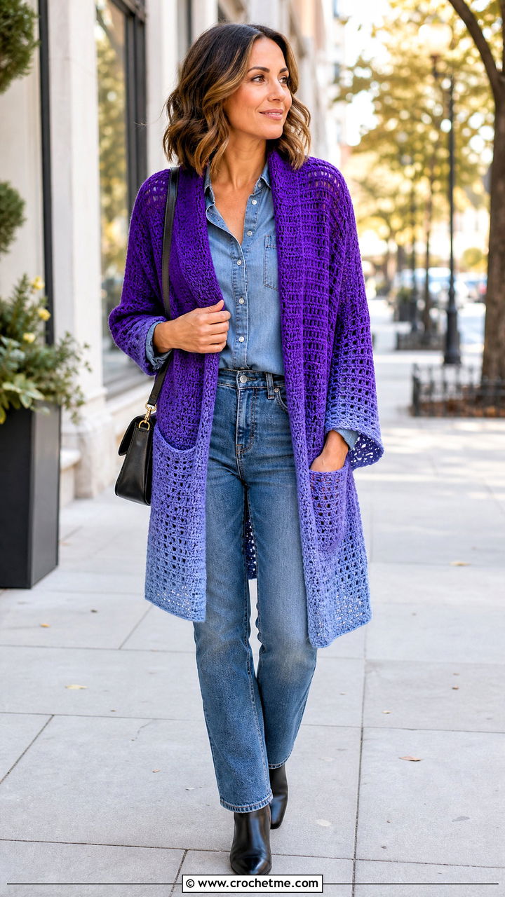 Ombre Crochet Pocket Shawl With Canadian Tuxedo - 35 crochet pocket shawl outfit ideas