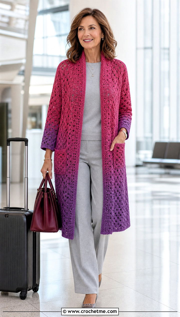 Ombre Crochet Pocket Wrap With Monochrome Knit Set - 25 Crochet Pocket Wrap outfit ideas