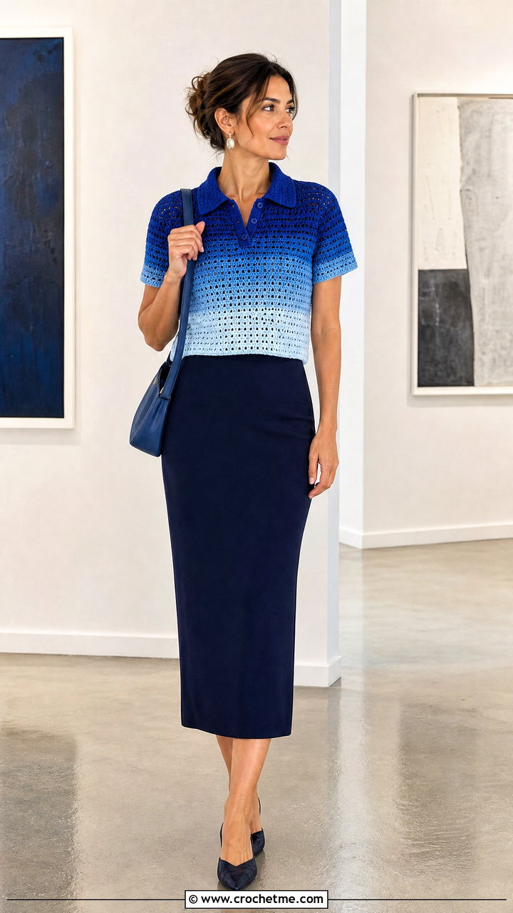 Ombre Crochet Polo Shirt With Column Skirt - 35 crochet polo shirt outfit ideas
