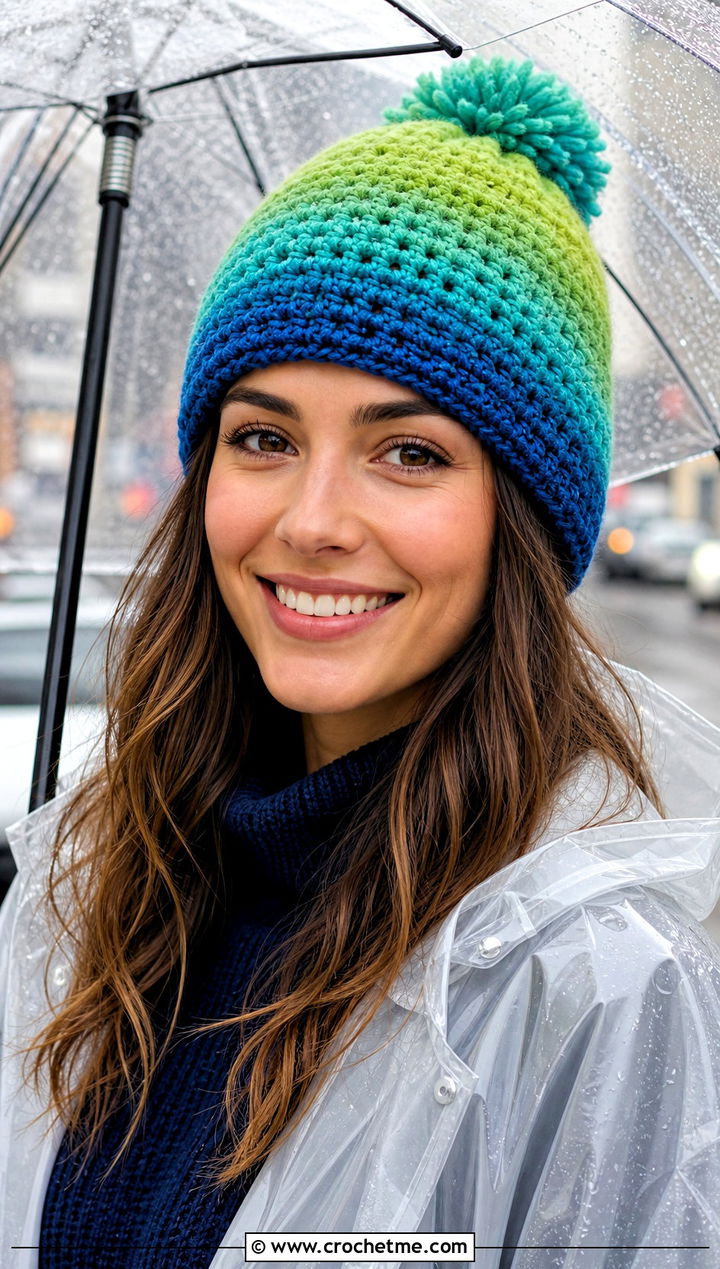 Ombre Crochet Pom Pom Beanie With Raincoat - 30 crochet beanie with pom pom outfit ideas