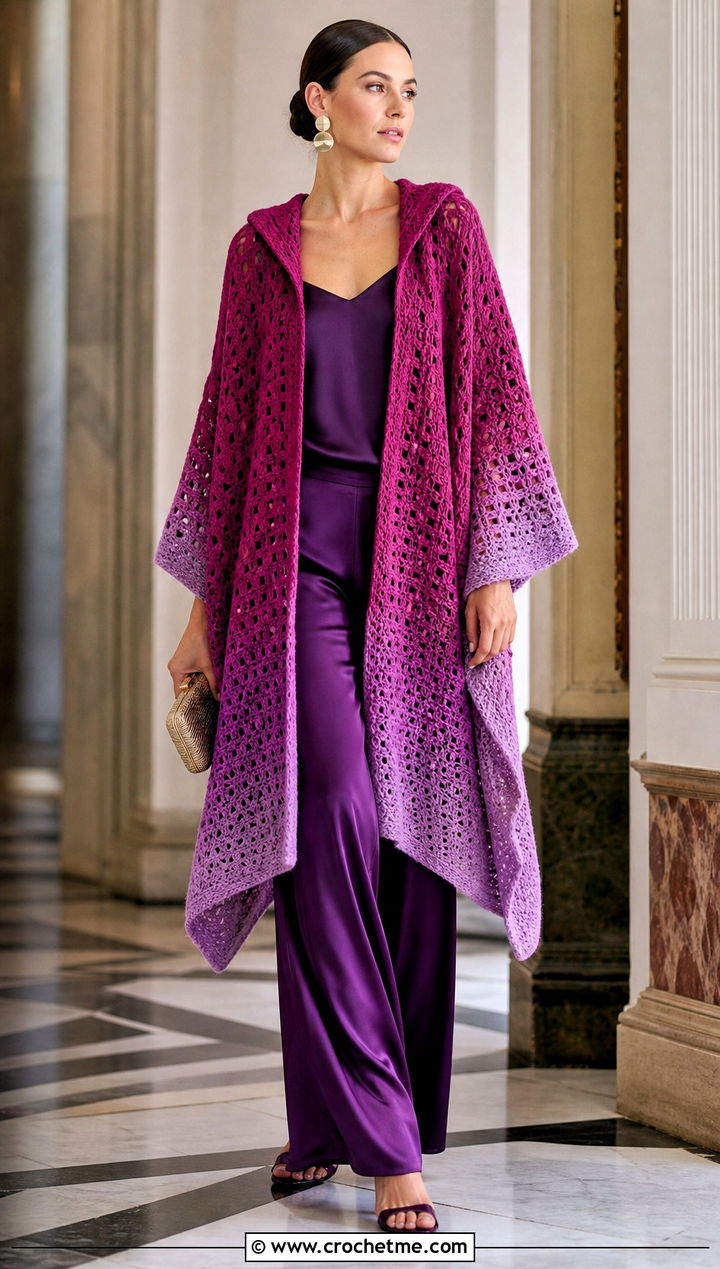 Ombre Crochet Poncho With Hood And Satin Pants - 35 crochet poncho with hood outfit ideas