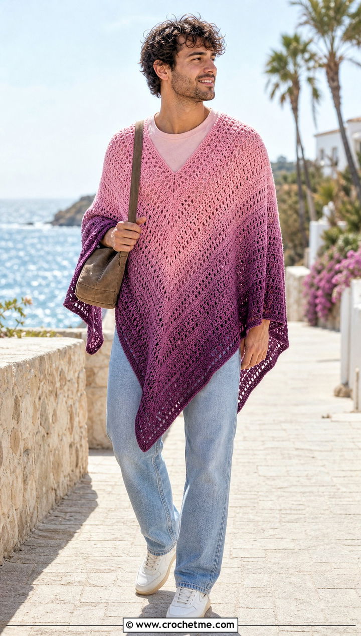 Ombre Crochet Poncho With Light Wash Jeans - 30 men crochet poncho outfit ideas