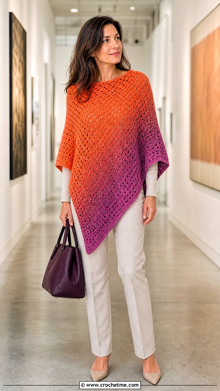 Ombre Crochet Poncho With Monochrome Basics - 35 easy crochet poncho woman outfit ideas