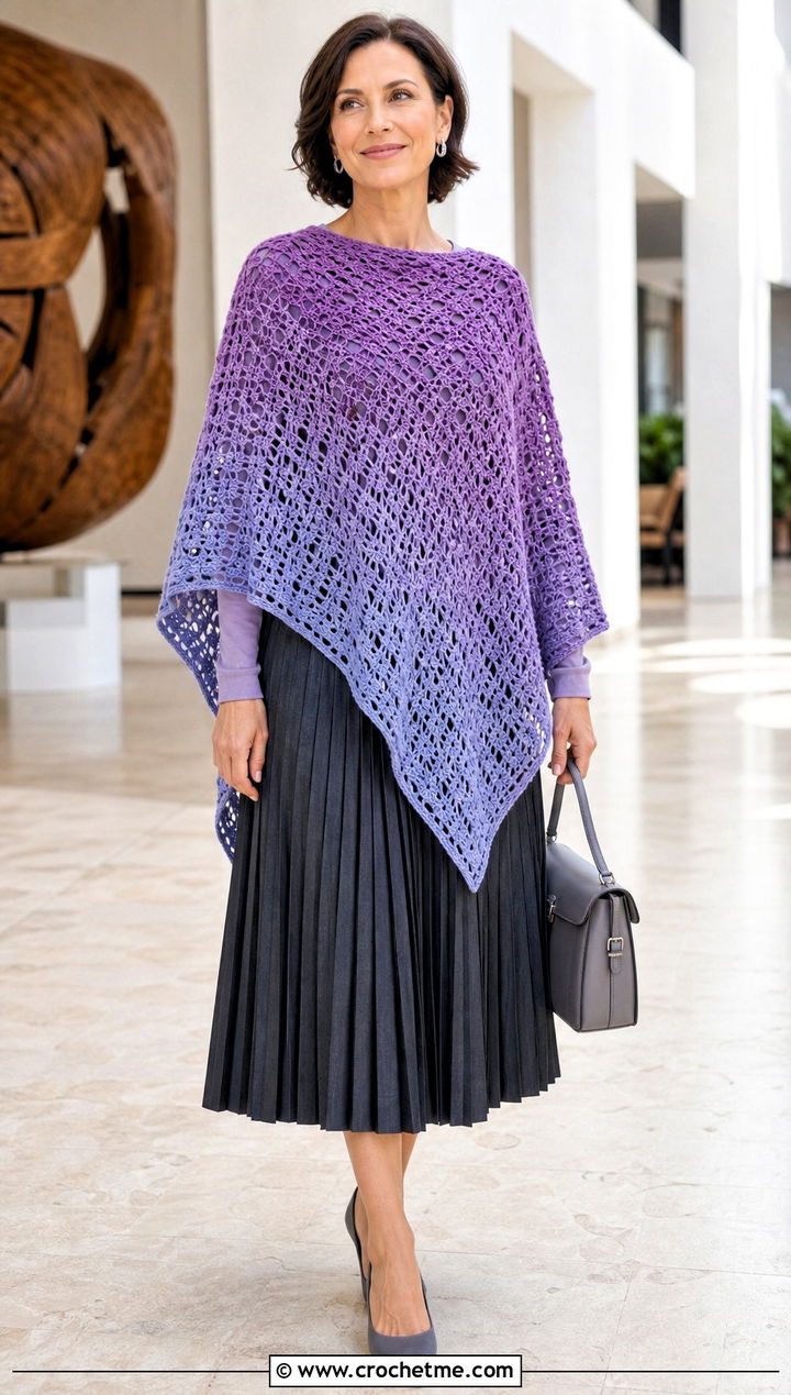Ombre Crochet Poncho With Pleated Midi Skirt - 20 crochet lightweight poncho outfit ideas