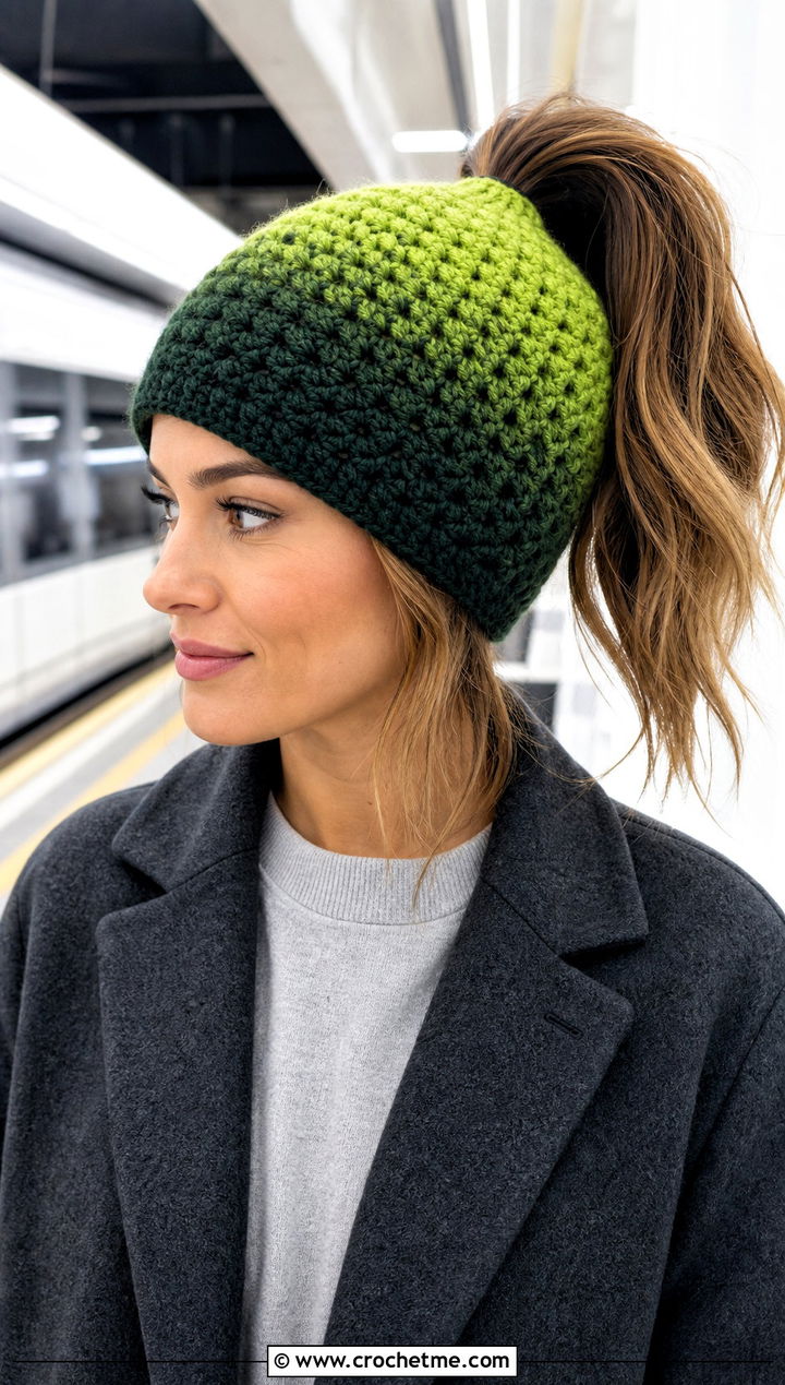 Ombre Crochet Ponytail Beanie With Long Coat And Sweat Set - 20 Crochet Beanie With Ponytail Hole Hat outfit ideas
