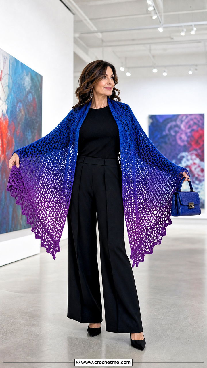 Ombre Crochet Prayer Shawl With Black Top And Trousers - 35 easy crochet prayer shawls outfit ideas