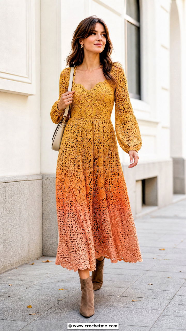 Ombre Crochet Princess Dress With Neutral Boots - 35 crochet princess dress outfit ideas