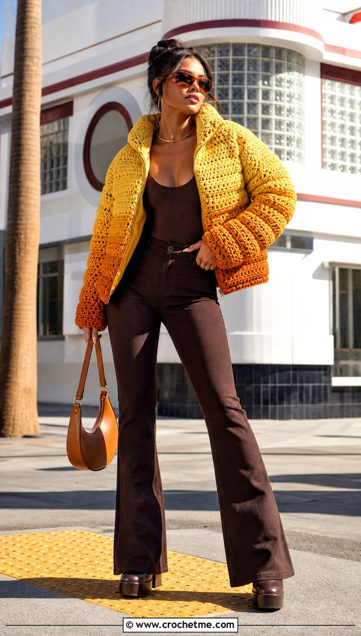 Ombre Crochet Puffer Jacket With Flared Pants - 35 crochet puffer jacket outfit ideas